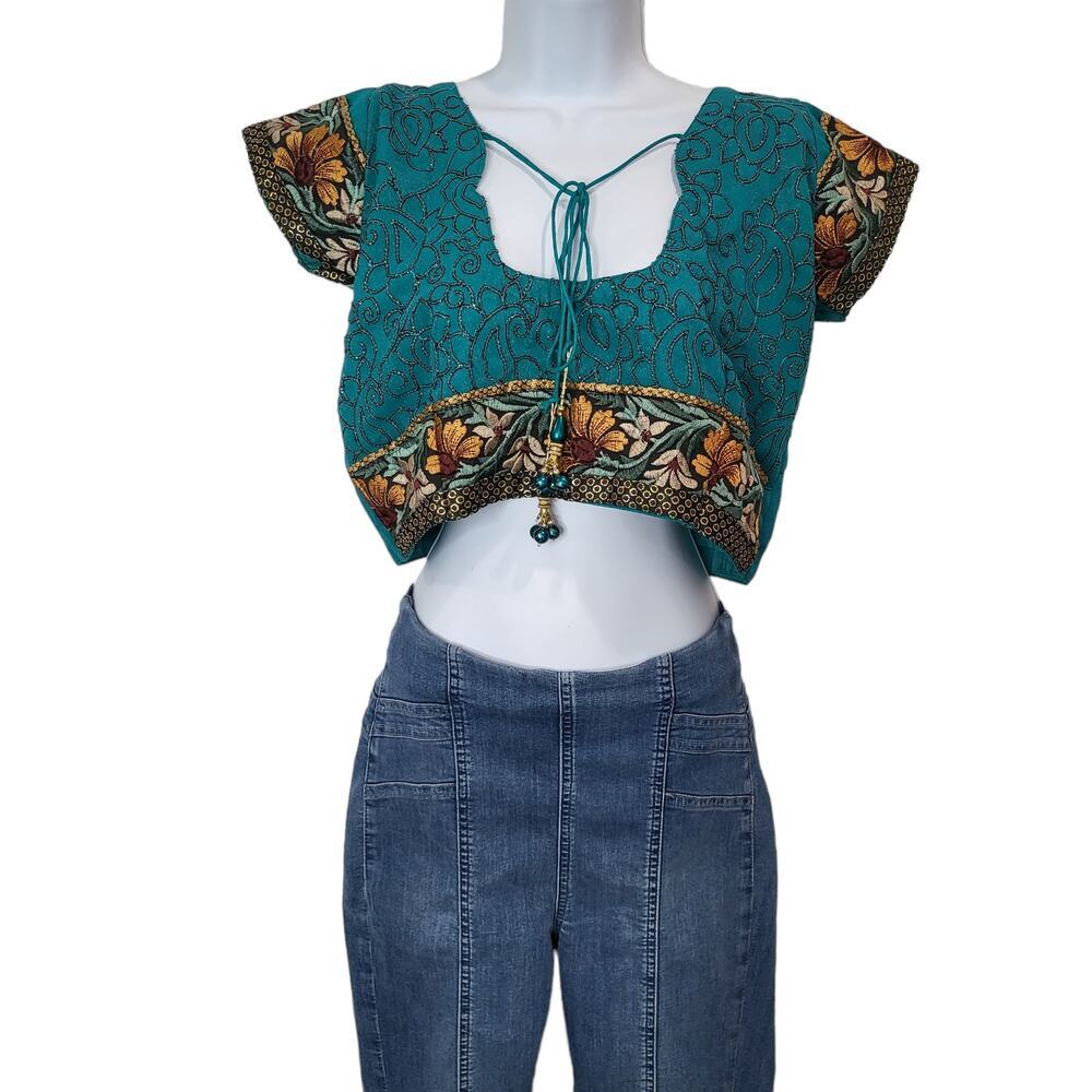 Bohemian Boho Vibe Crop Jewel tone Embroidered embellished top Small Medium #166